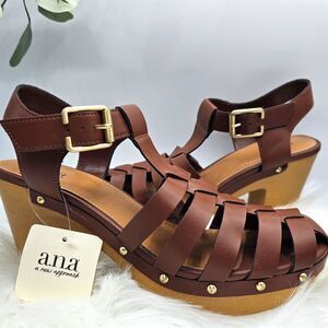 A.N.A Studded Clogs Womens 9 Brown Strappy Chunky Heel Boho NWT